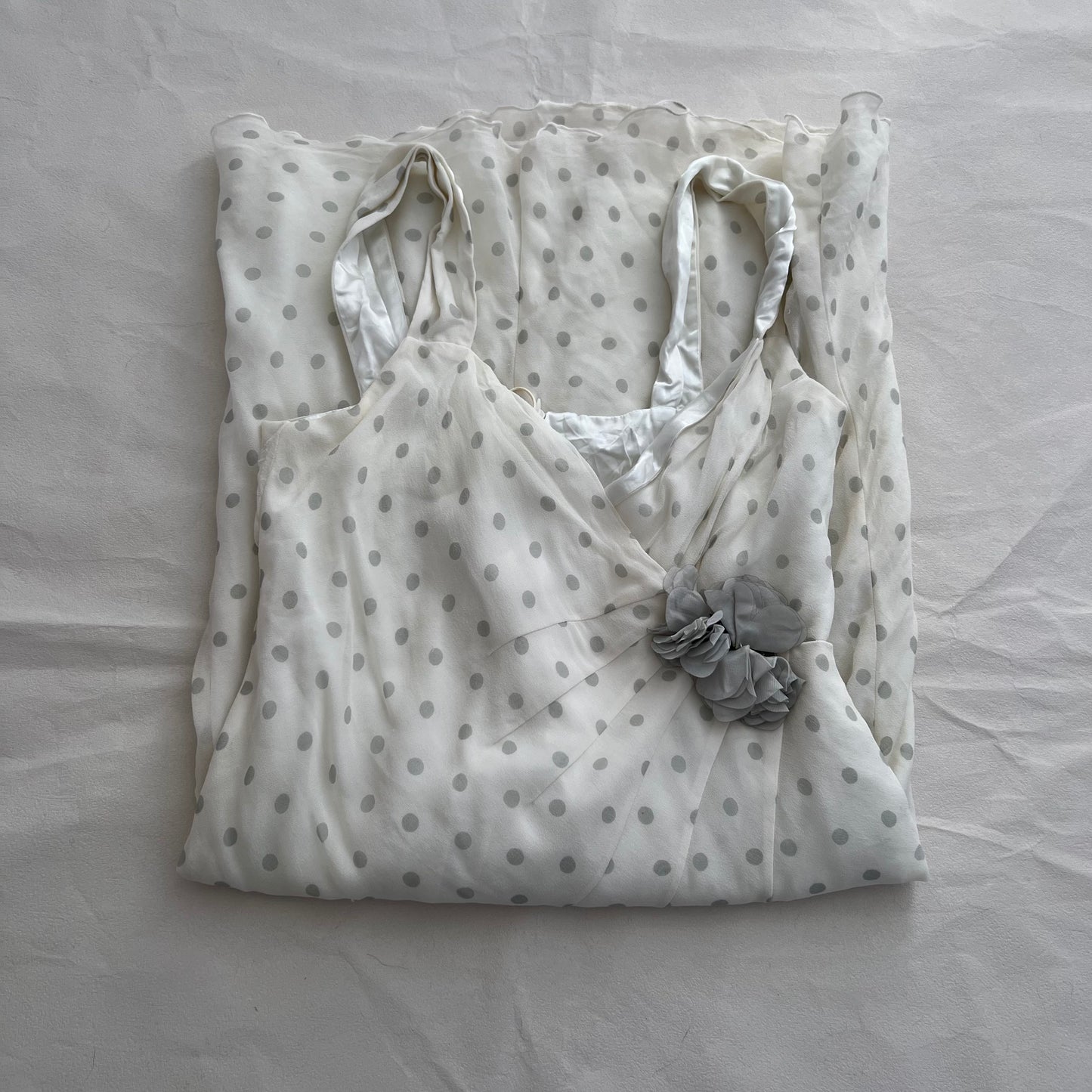 Eurosummer Xavanne White Grey Rosette Silk Polka Dot Wrap Bust Midi Dress