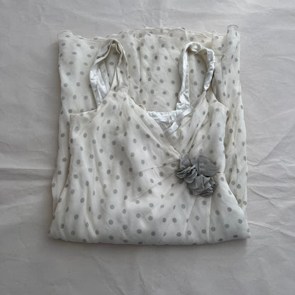 Eurosummer Xavanne White Grey Rosette Silk Polka Dot Wrap Bust Midi Dress
