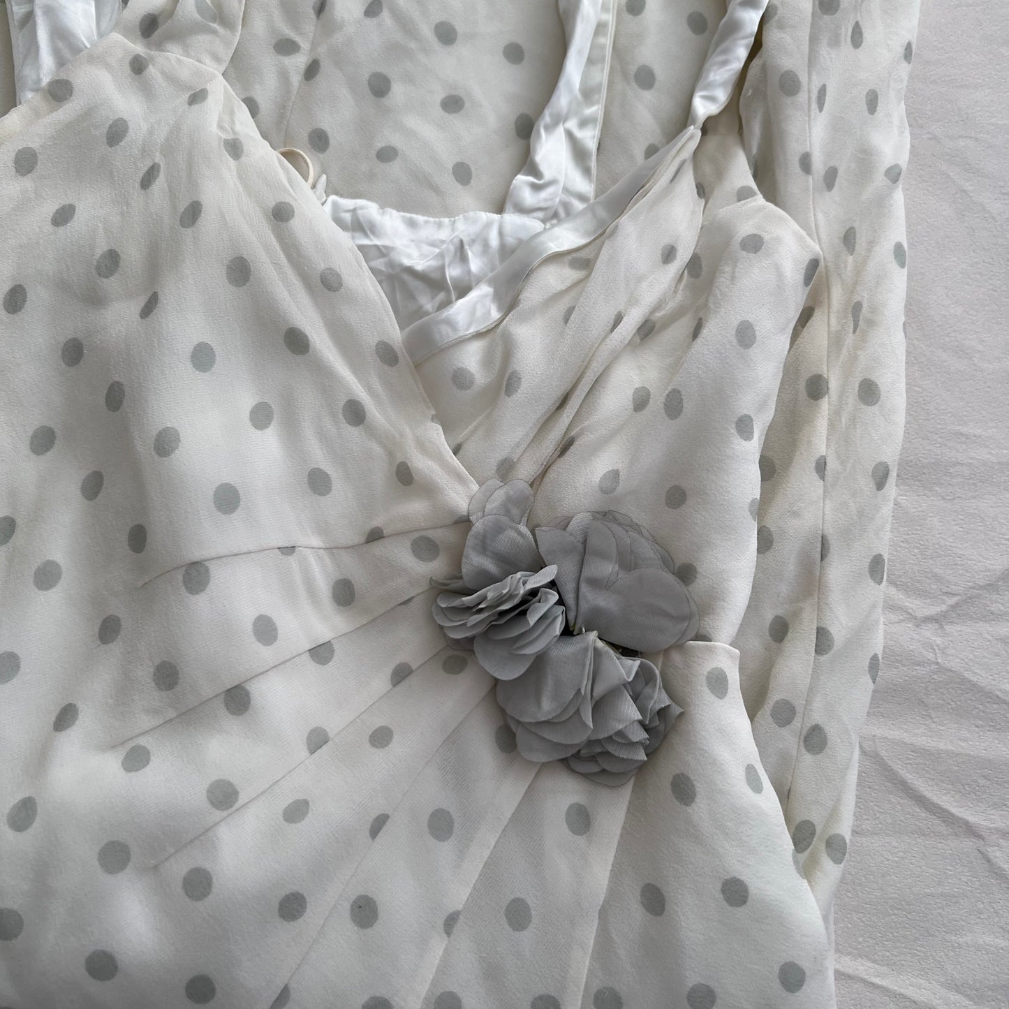 Eurosummer Xavanne White Grey Rosette Silk Polka Dot Wrap Bust Midi Dress