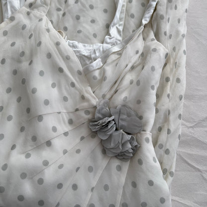 Eurosummer Xavanne White Grey Rosette Silk Polka Dot Wrap Bust Midi Dress