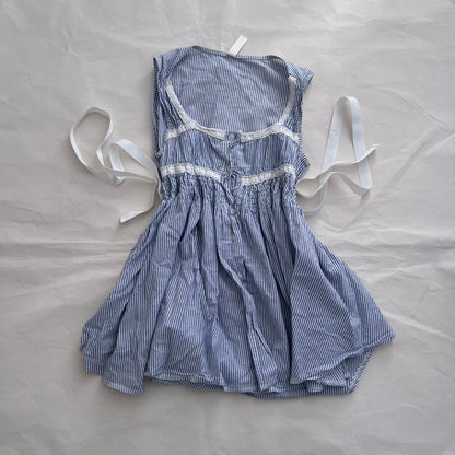 Blue Striped Souvenir Lace Embroidery Babydoll Blouson Top