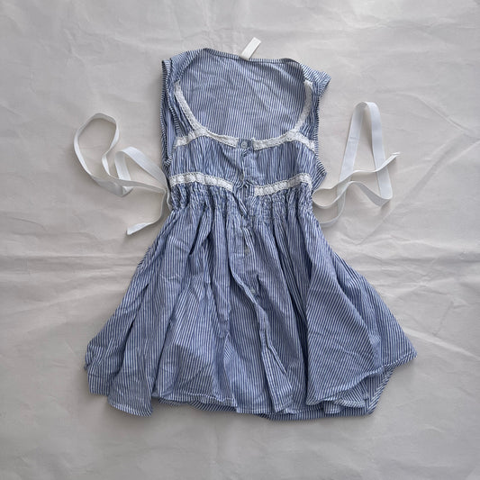 Blue Striped Souvenir Lace Embroidery Babydoll Blouson Top