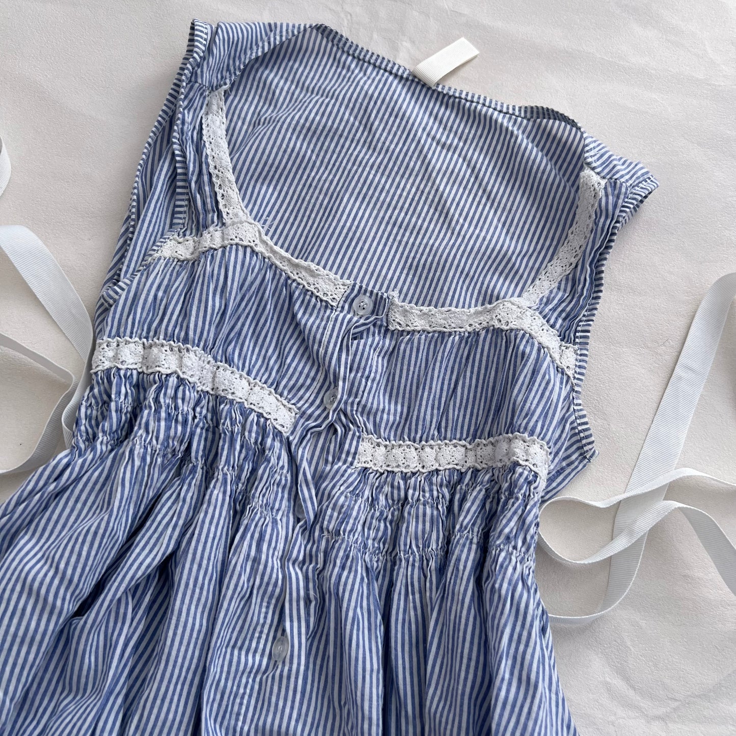 Blue Striped Souvenir Lace Embroidery Babydoll Blouson Top