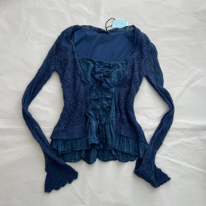 Morgan De Toi Navy Fine Knit Lace Crochet Two In One Silver Striped Cardigan Top