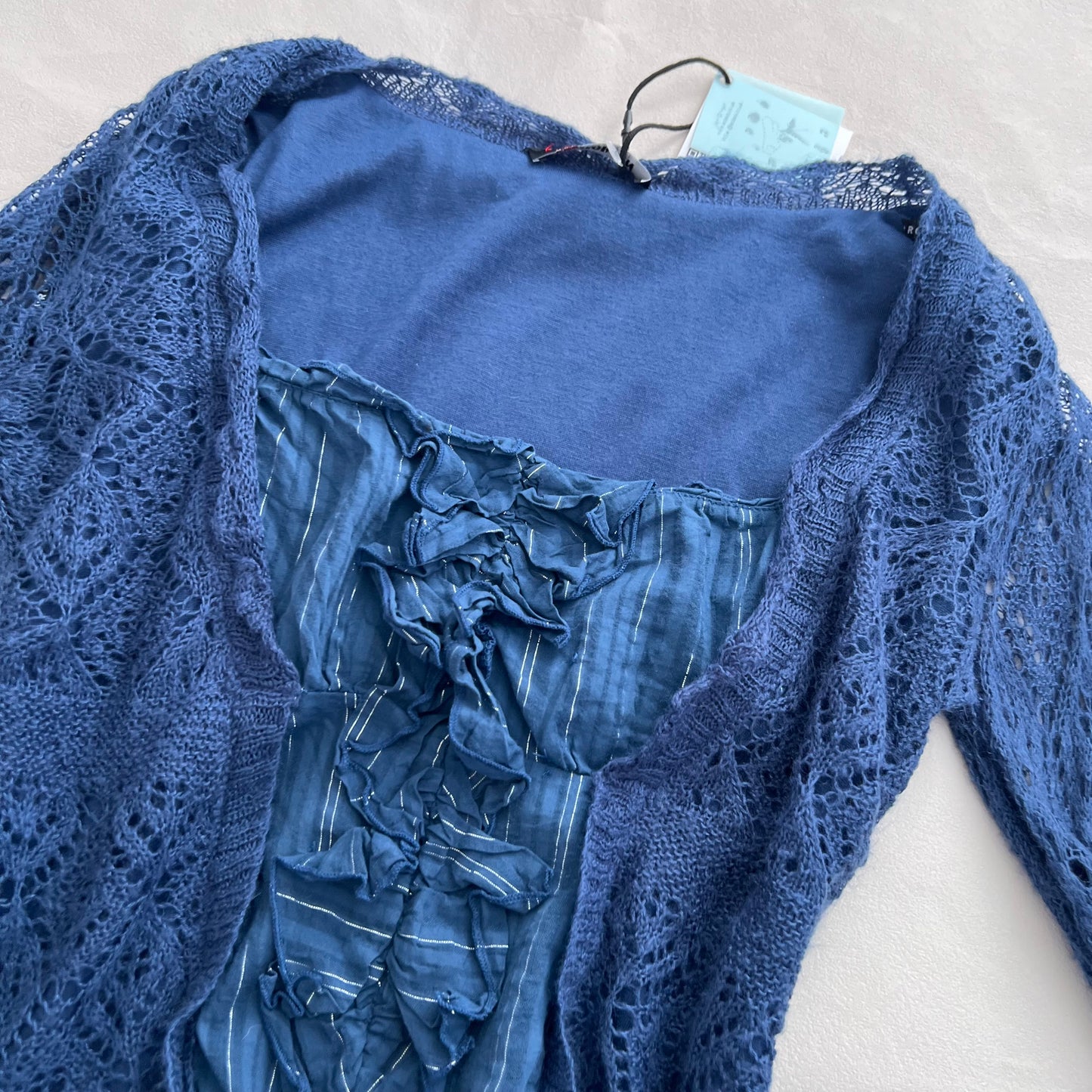 Morgan De Toi Navy Fine Knit Lace Crochet Two In One Silver Striped Cardigan Top