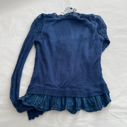 Morgan De Toi Navy Fine Knit Lace Crochet Two In One Silver Striped Cardigan Top