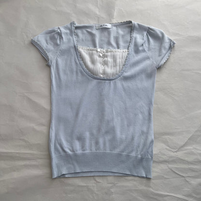 Coquette Balletcore Rew De Rew Baby Blue Short Sleeve Milkmaid Style Two In One Layered Top