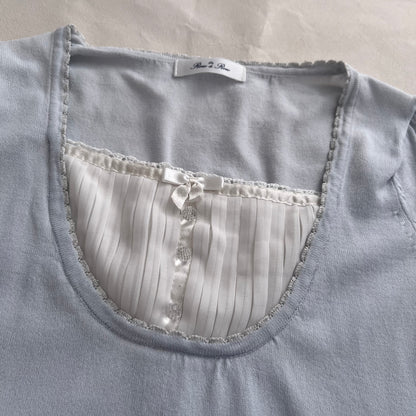 Coquette Balletcore Rew De Rew Baby Blue Short Sleeve Milkmaid Style Two In One Layered Top