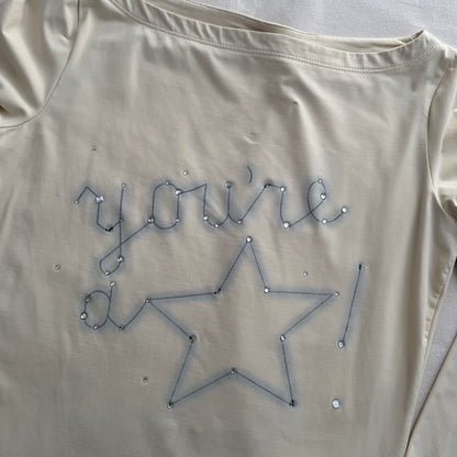 Moschino Cream Baby Blue You'Re A Star Graphic Wide Neck Log Sleeve Top
