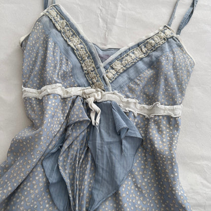 Esisto Cornflower Blue Beige Print Embroidery Lace Babydoll Camisole