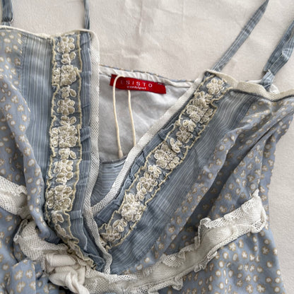 Esisto Cornflower Blue Beige Print Embroidery Lace Babydoll Camisole