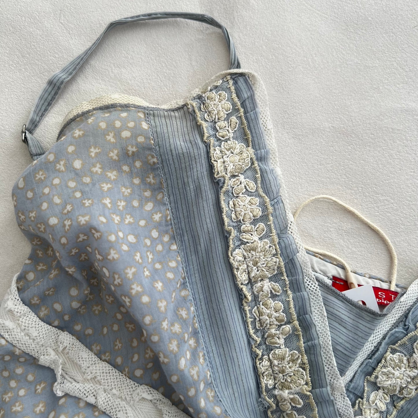 Esisto Cornflower Blue Beige Print Embroidery Lace Babydoll Camisole