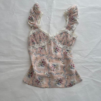 Dreamy Silk Paul & Joe Soft Pink Floral Print Ruffle Strap Camisole