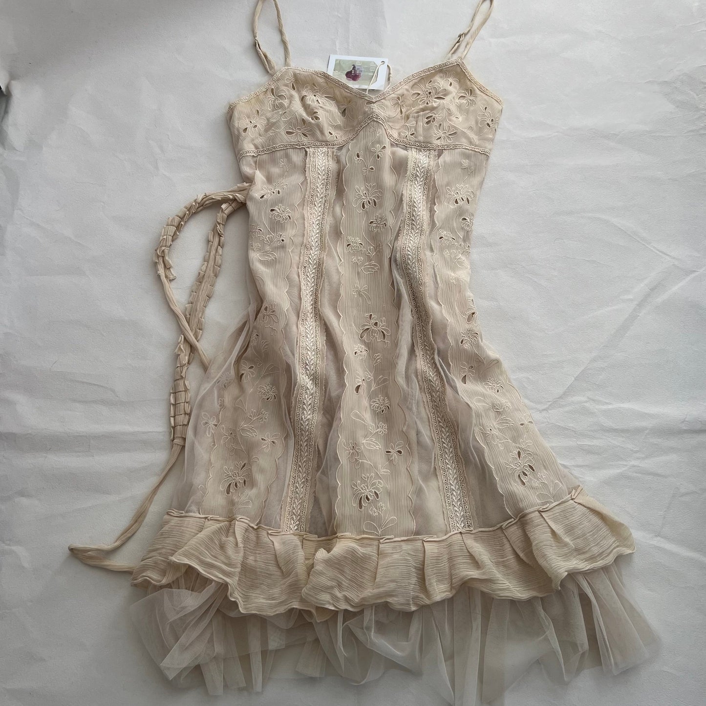 Bcbgmaxazria Beige Broderie Anglaise Cotton Flared Ruffle Hem Midi Dress