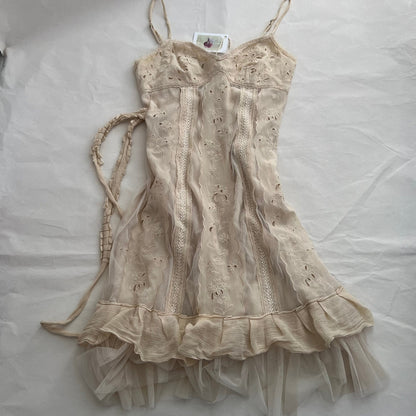 Bcbgmaxazria Beige Broderie Anglaise Cotton Flared Ruffle Hem Midi Dress