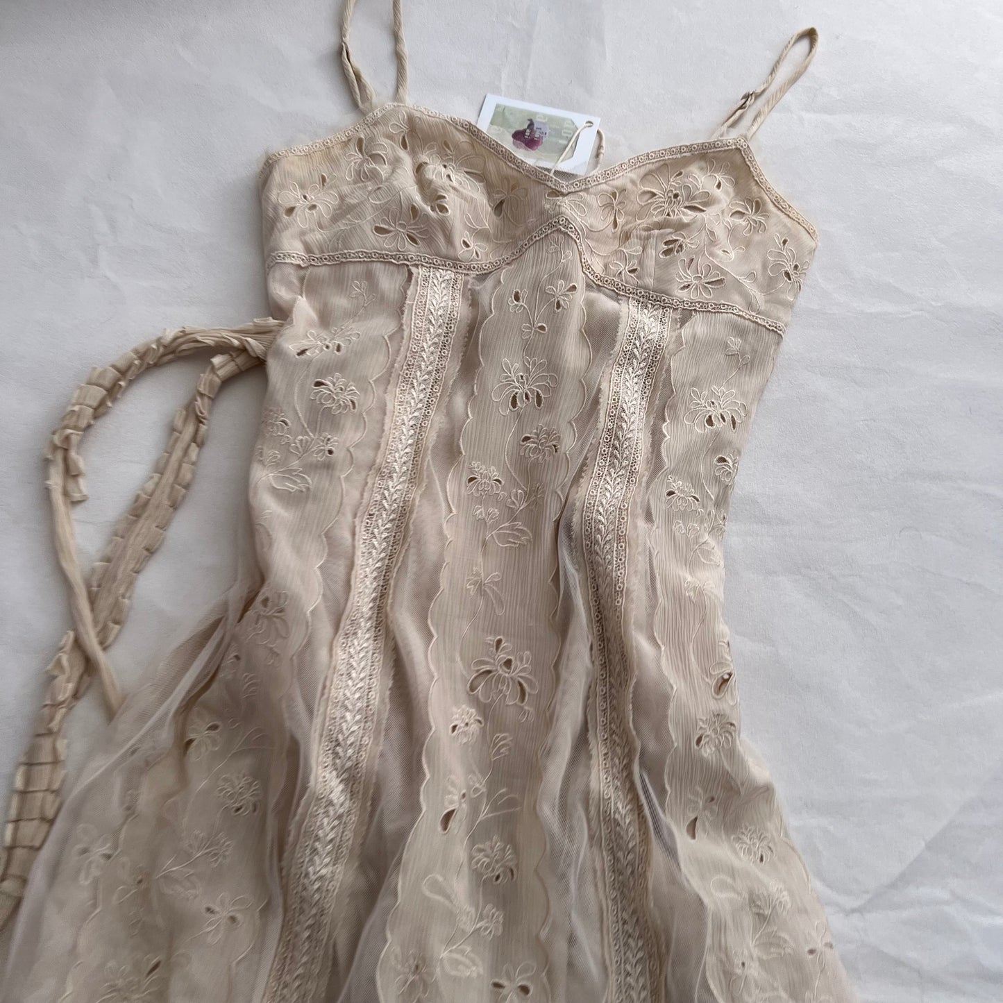 Bcbgmaxazria Beige Broderie Anglaise Cotton Flared Ruffle Hem Midi Dress