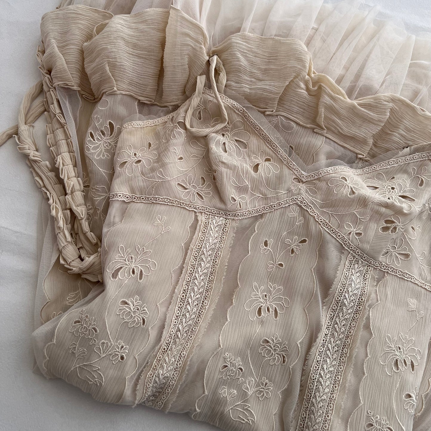 Bcbgmaxazria Beige Broderie Anglaise Cotton Flared Ruffle Hem Midi Dress