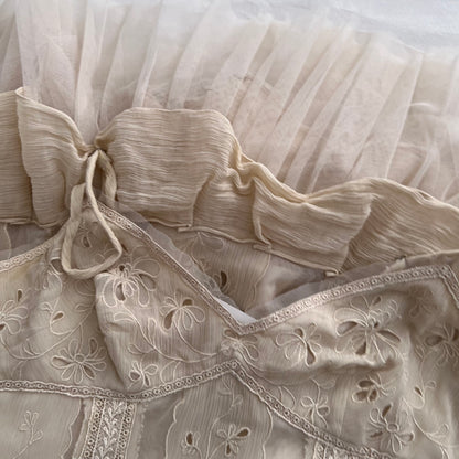 Bcbgmaxazria Beige Broderie Anglaise Cotton Flared Ruffle Hem Midi Dress