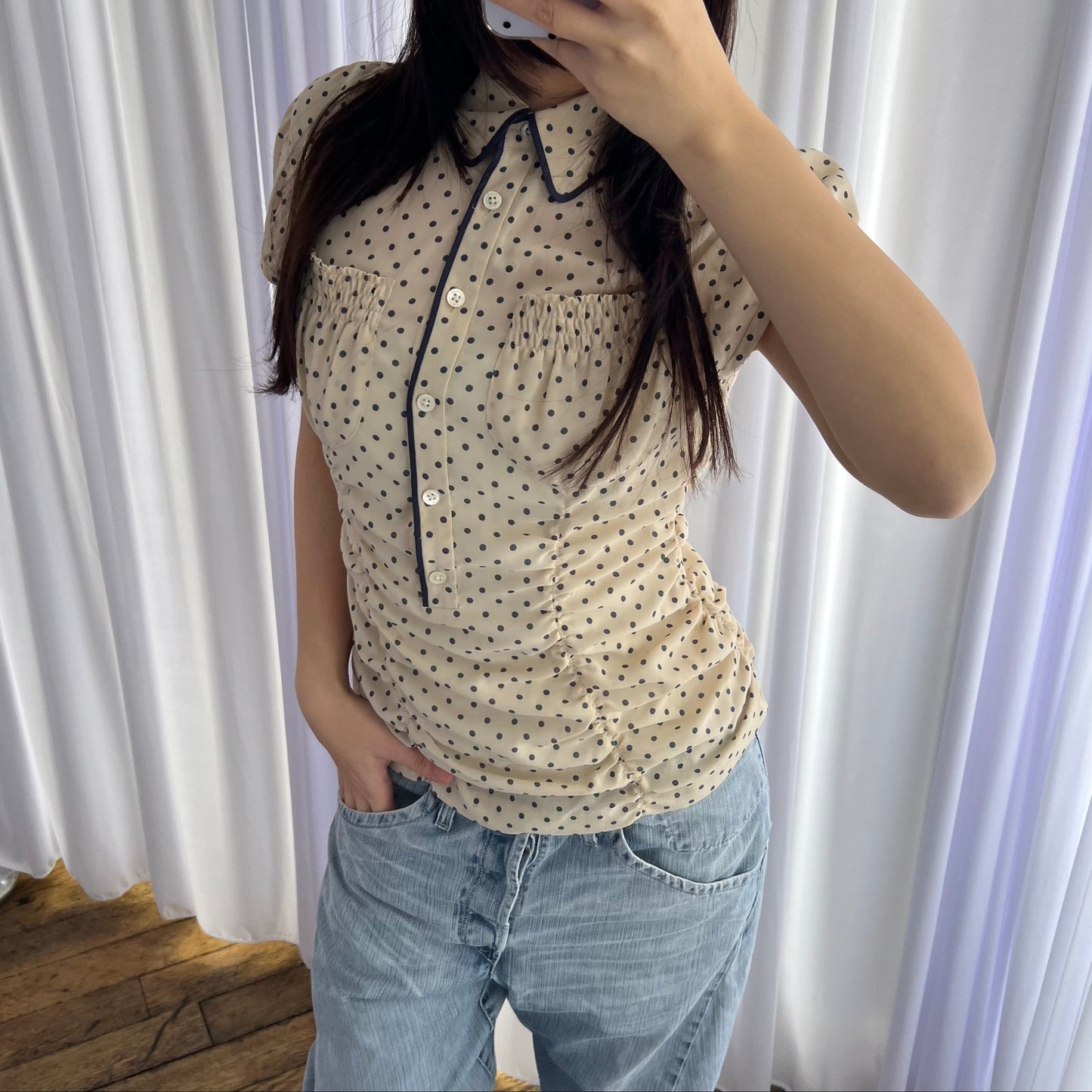 DKNY Ivory Cream Navy Polka Dot Ruched French Cap Sleeve Blouse