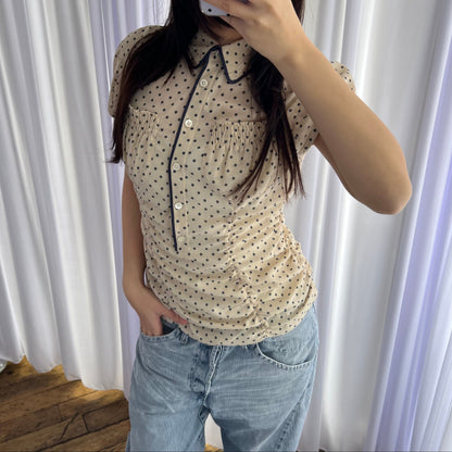 DKNY Ivory Cream Navy Polka Dot Ruched French Cap Sleeve Blouse