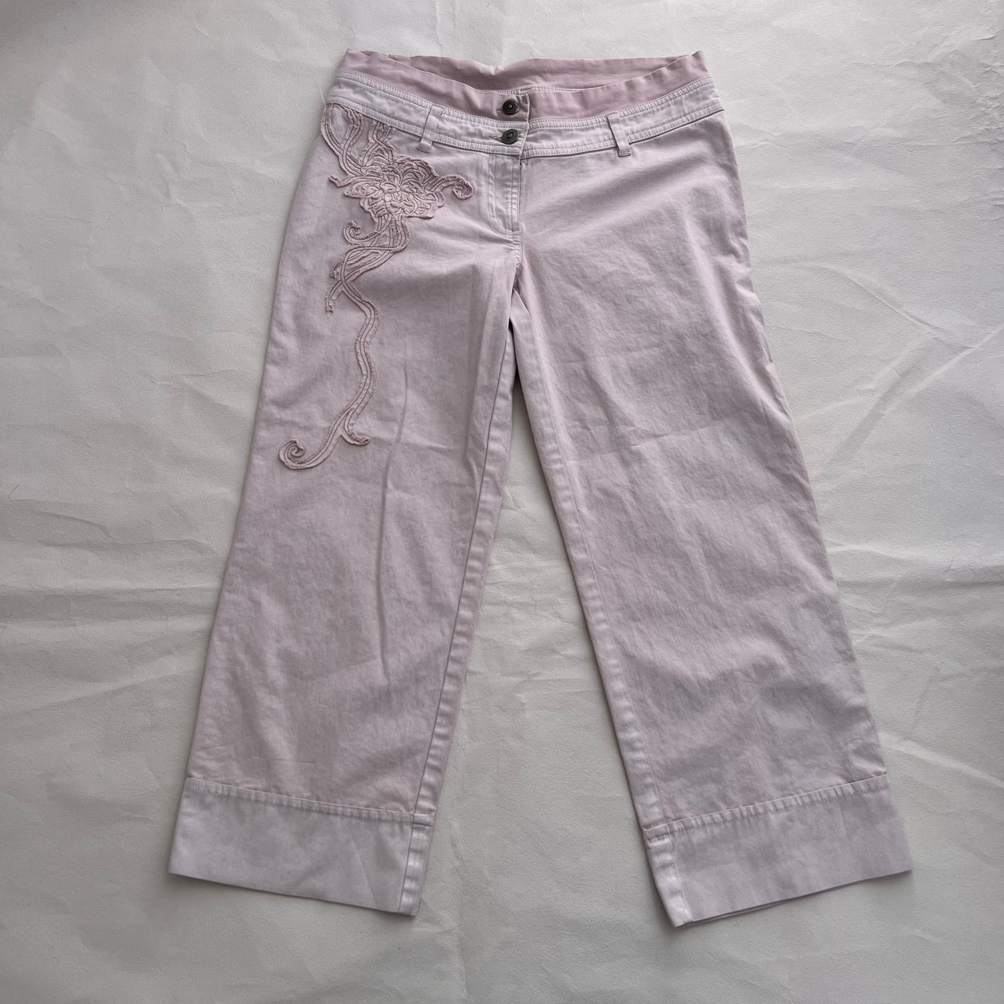 Cop Copine Light Pink Low Mid Rise Wide Leg Cropped Embroidery Trousers