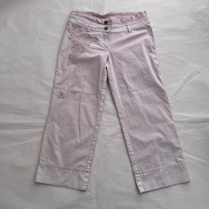 Cop Copine Light Pink Low Mid Rise Wide Leg Cropped Embroidery Trousers