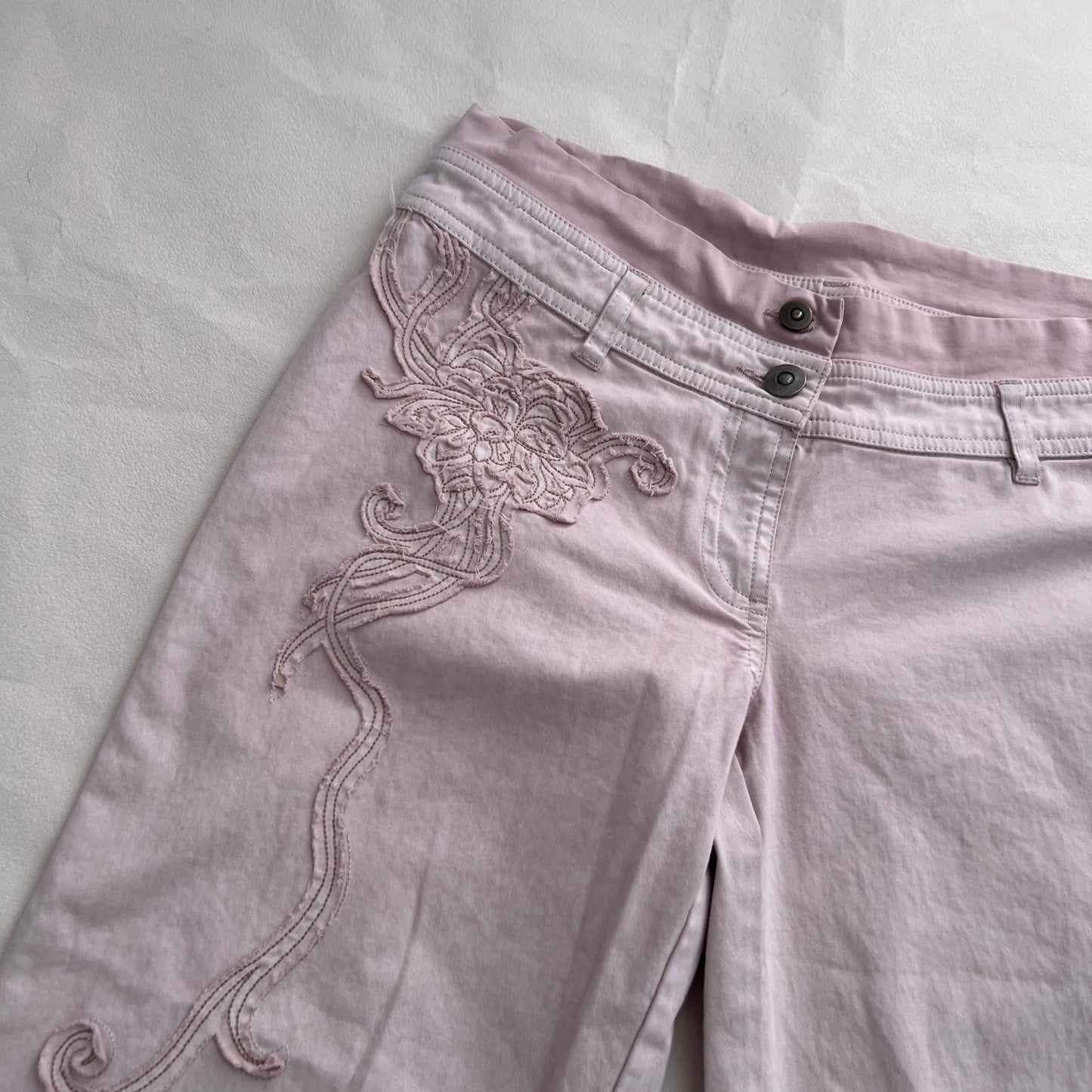 Cop Copine Light Pink Low Mid Rise Wide Leg Cropped Embroidery Trousers