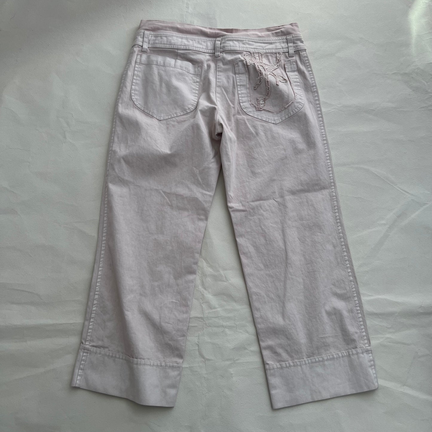 Cop Copine Light Pink Low Mid Rise Wide Leg Cropped Embroidery Trousers