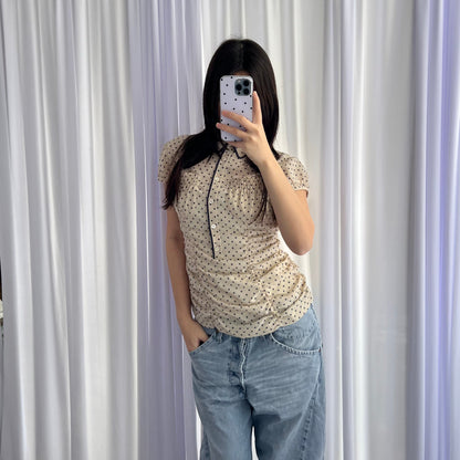 DKNY Ivory Cream Navy Polka Dot Ruched French Cap Sleeve Blouse