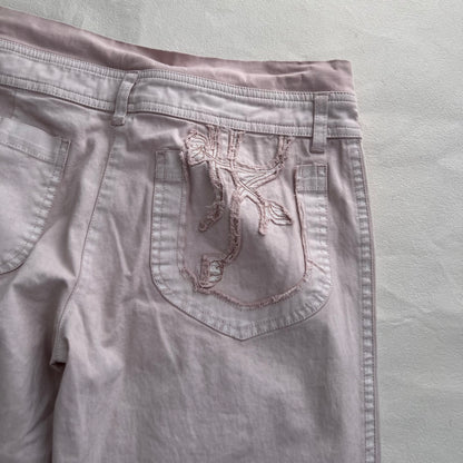 Cop Copine Light Pink Low Mid Rise Wide Leg Cropped Embroidery Trousers