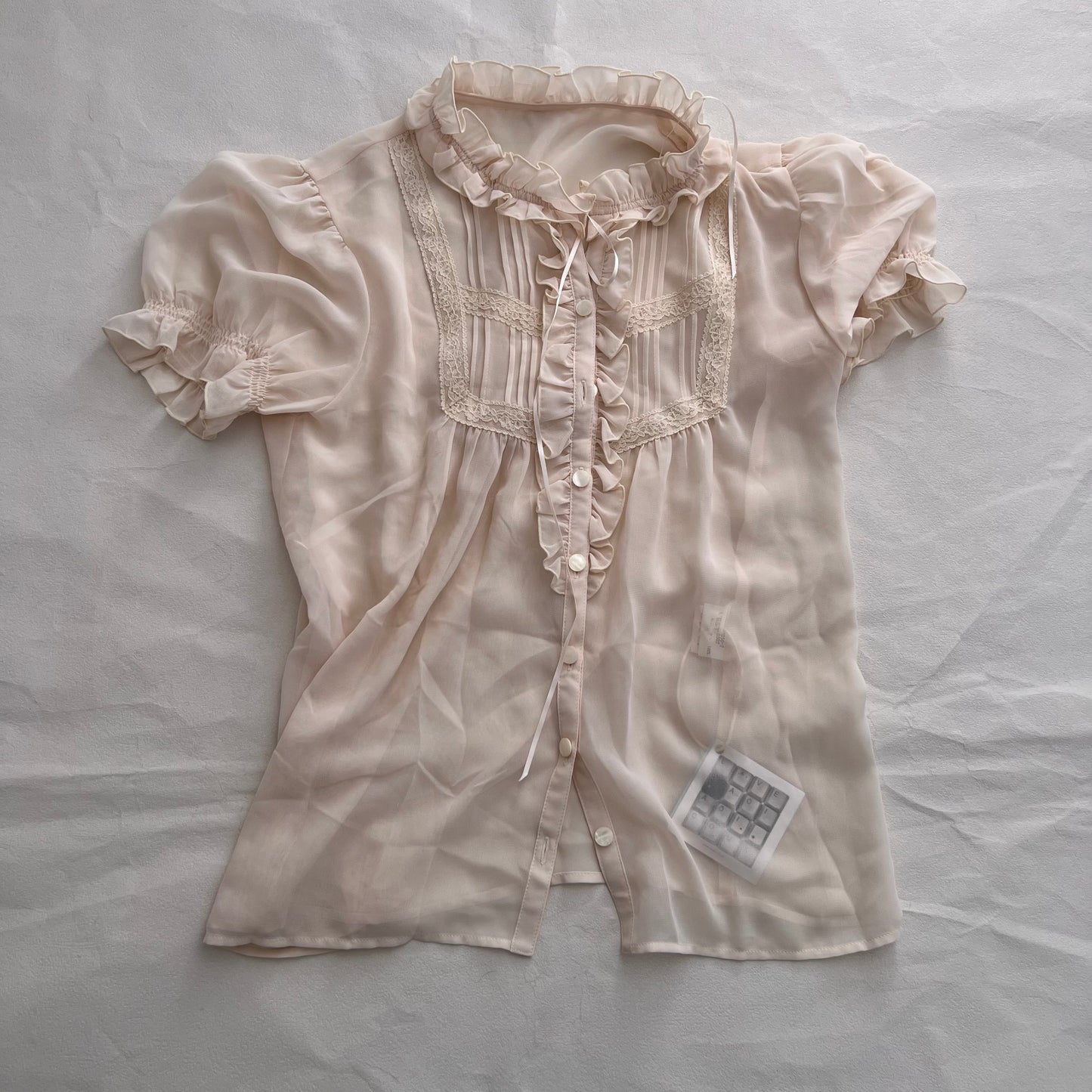 Ivory Beige L'Est Rose Ruffle Ruched High Neck Collar Puff Sleeve Blouson Top