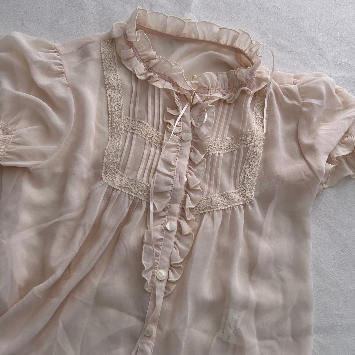 Ivory Beige L'Est Rose Ruffle Ruched High Neck Collar Puff Sleeve Blouson Top