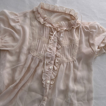Ivory Beige L'Est Rose Ruffle Ruched High Neck Collar Puff Sleeve Blouson Top
