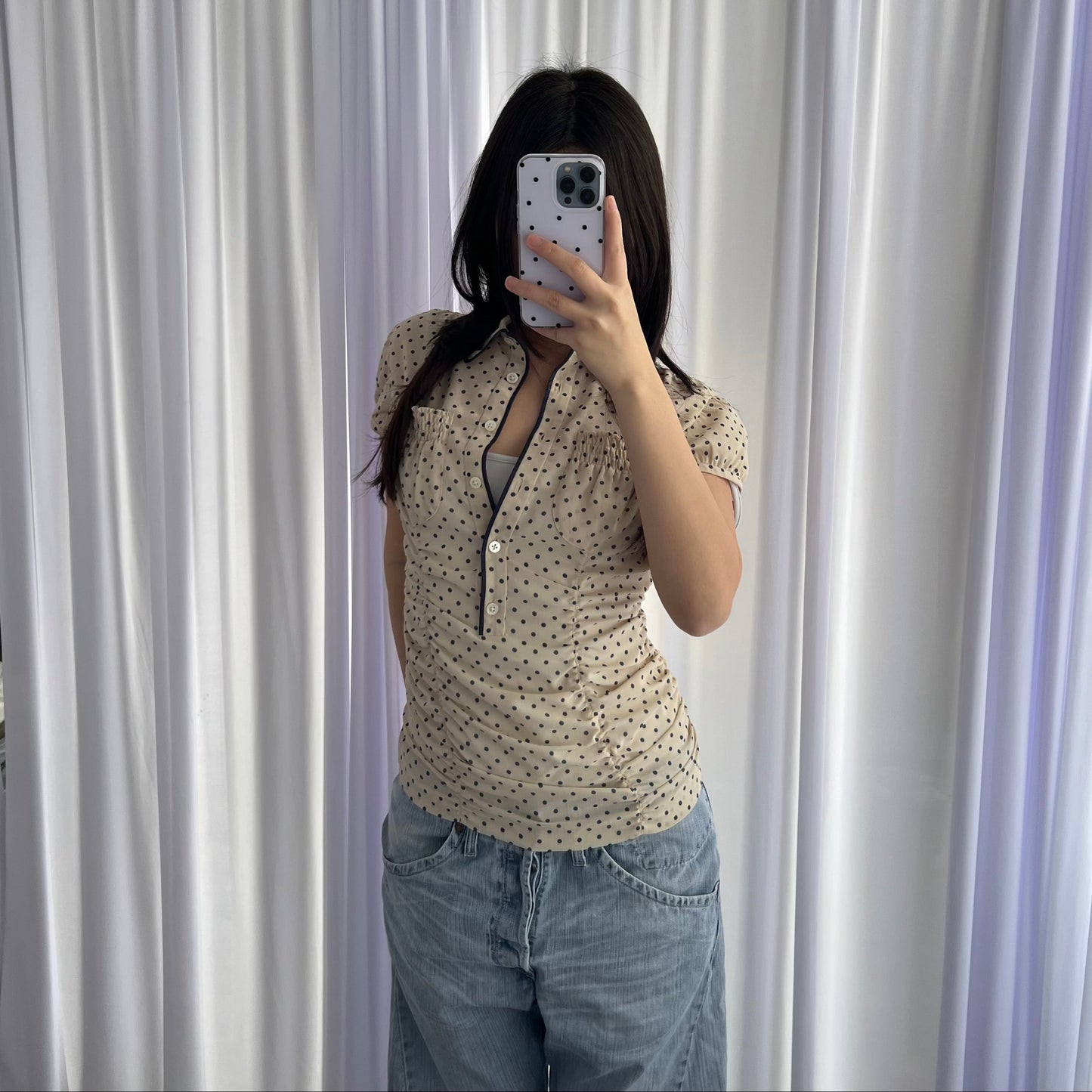 DKNY Ivory Cream Navy Polka Dot Ruched French Cap Sleeve Blouse