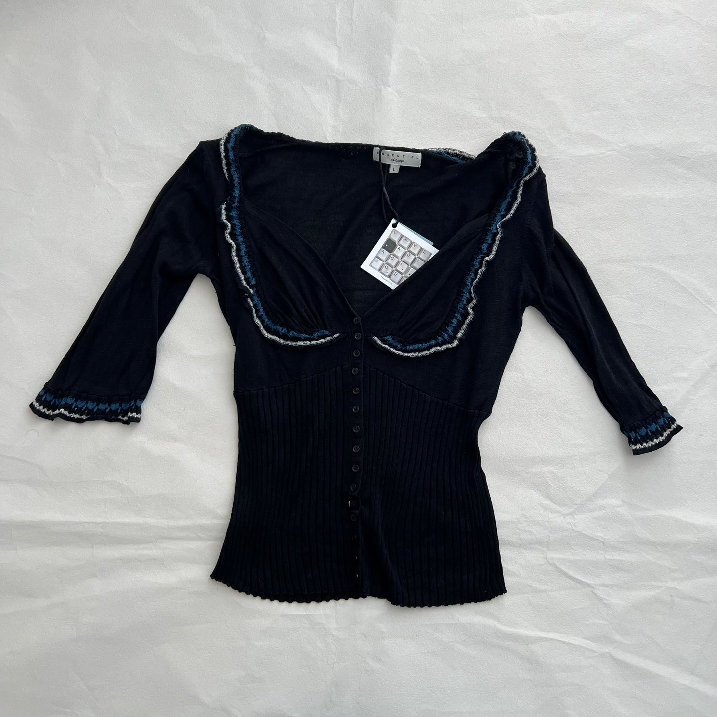 Black Frilly Blue Lace Knit Trim Half Sleeve Fitted Balconette Cardigan Top