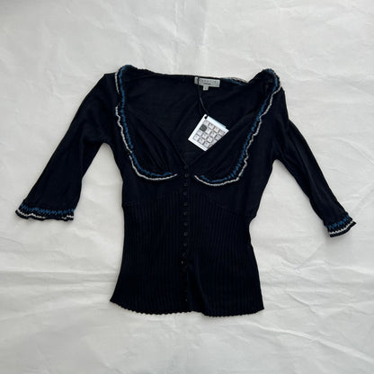 Black Frilly Blue Lace Knit Trim Half Sleeve Fitted Balconette Cardigan Top