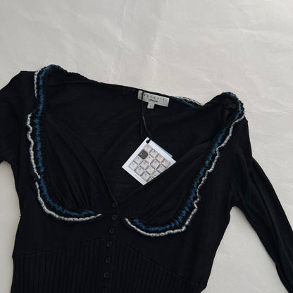 Black Frilly Blue Lace Knit Trim Half Sleeve Fitted Balconette Cardigan Top