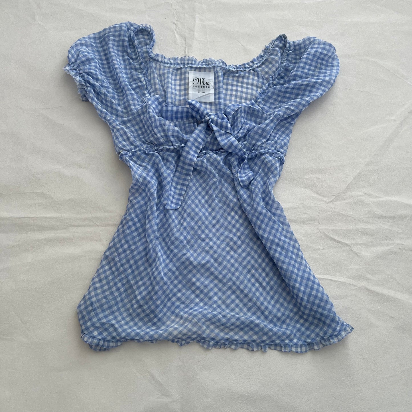 Spring Blue Check Me&Me Couture Gingham Puff Sleeve Ruched Babydoll Blouse
