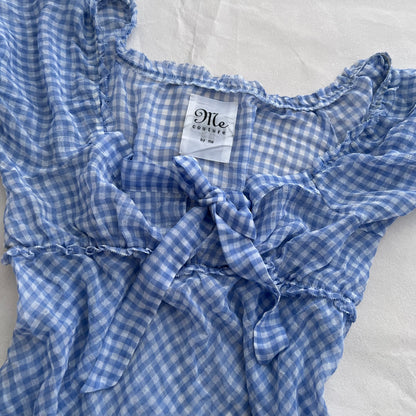 Spring Blue Check Me&Me Couture Gingham Puff Sleeve Ruched Babydoll Blouse