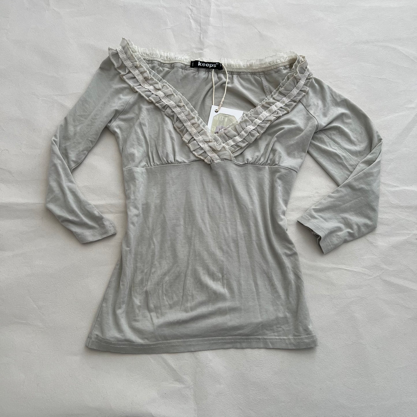 Keeps Greige Mesh 3/4 Sleeve Ruffle Lace Collar Fitted Top
