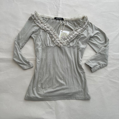 Keeps Greige Mesh 3/4 Sleeve Ruffle Lace Collar Fitted Top