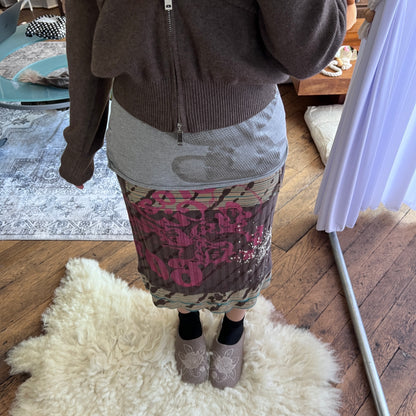 Vintage Stmfive Brown Pink Mix Print Graphic Ribbed Midi Skirt