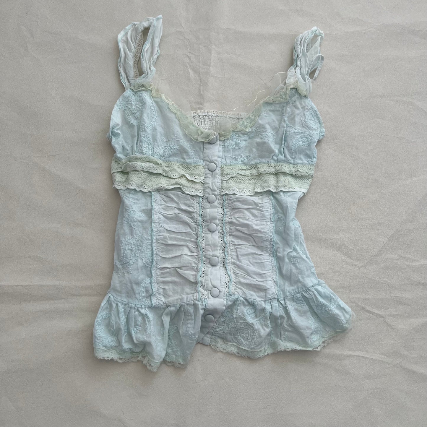 Baby Blue Angelic Frilly Lace Ruched Button Down Corset Blouson Cami
