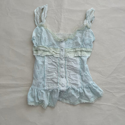 Baby Blue Angelic Frilly Lace Ruched Button Down Corset Blouson Cami