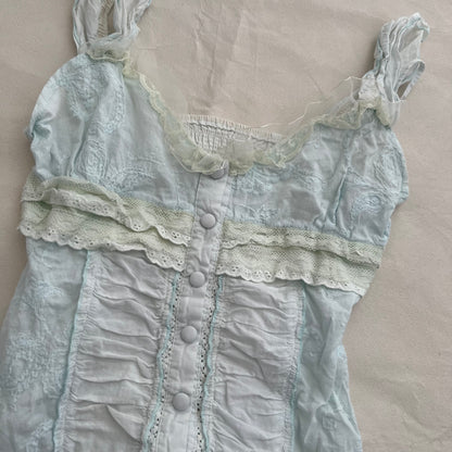 Baby Blue Angelic Frilly Lace Ruched Button Down Corset Blouson Cami