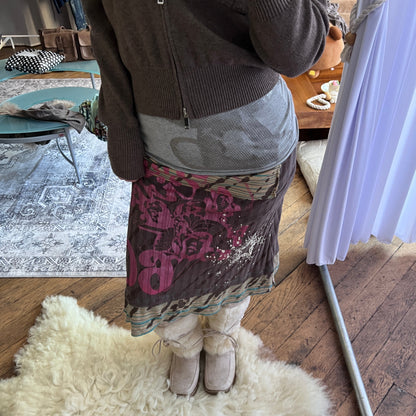 Vintage Stmfive Brown Pink Mix Print Graphic Ribbed Midi Skirt