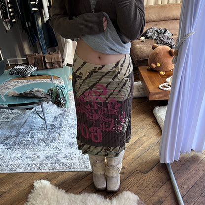 Vintage Stmfive Brown Pink Mix Print Graphic Ribbed Midi Skirt