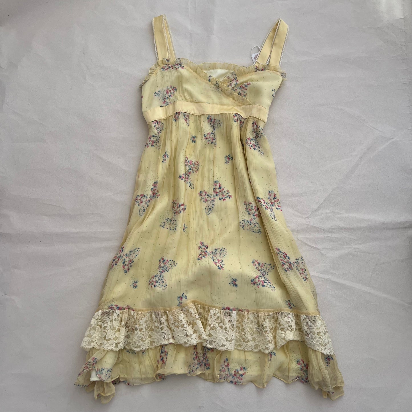 Dreamy Baby Yellow Cynthia Rowley Butterfly Frill Lace Silk Knee Length Dress