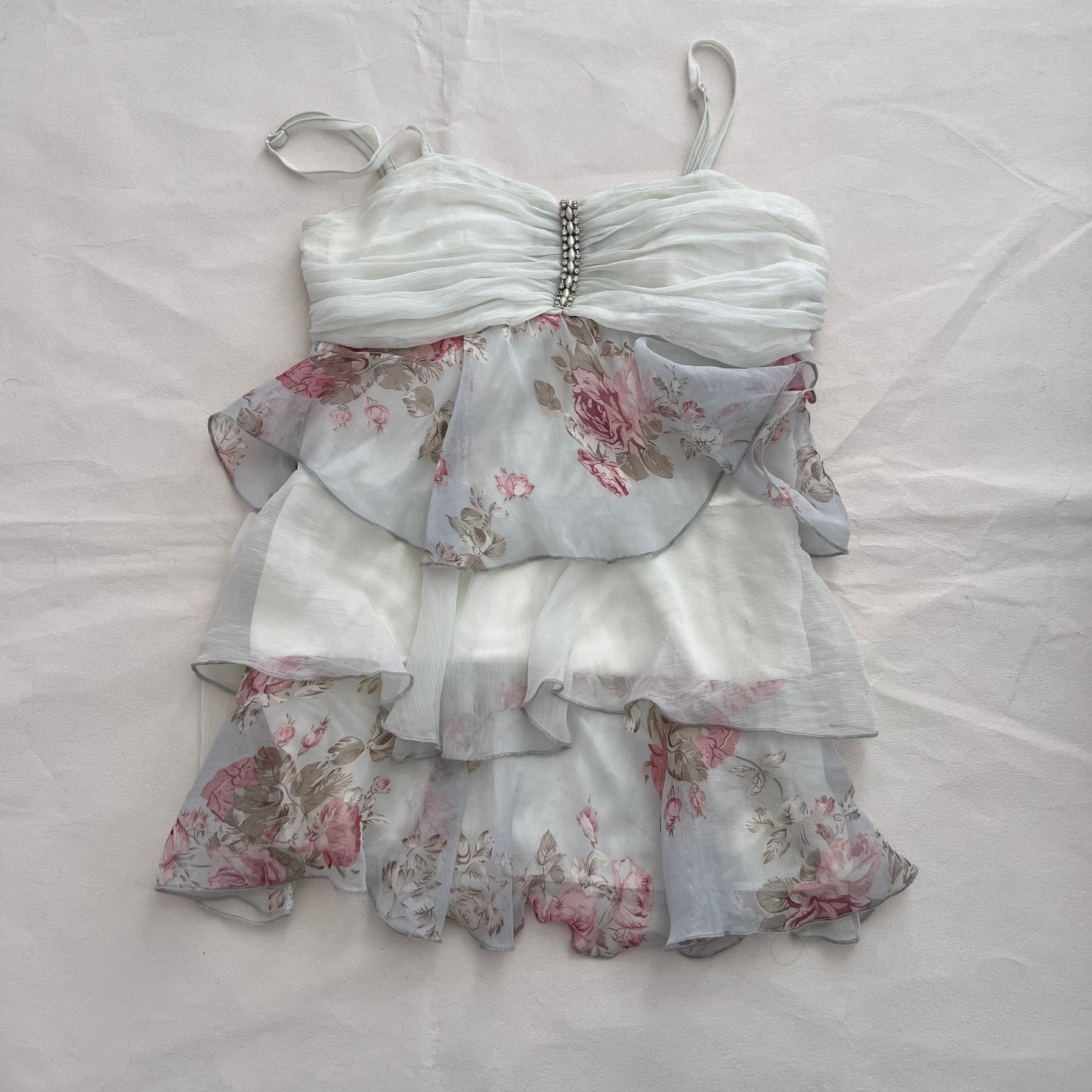 Vintage White Blue Floral Ruched Bust Frilly Silk Tiered Camisole
