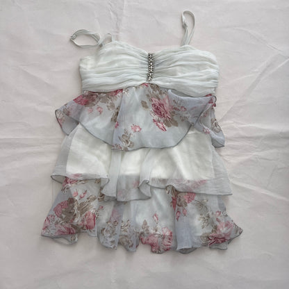 Vintage White Blue Floral Ruched Bust Frilly Silk Tiered Camisole